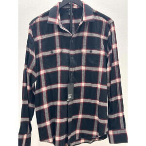 PAIGE Men's Black and Red Plaid Casual Shirt, Size M